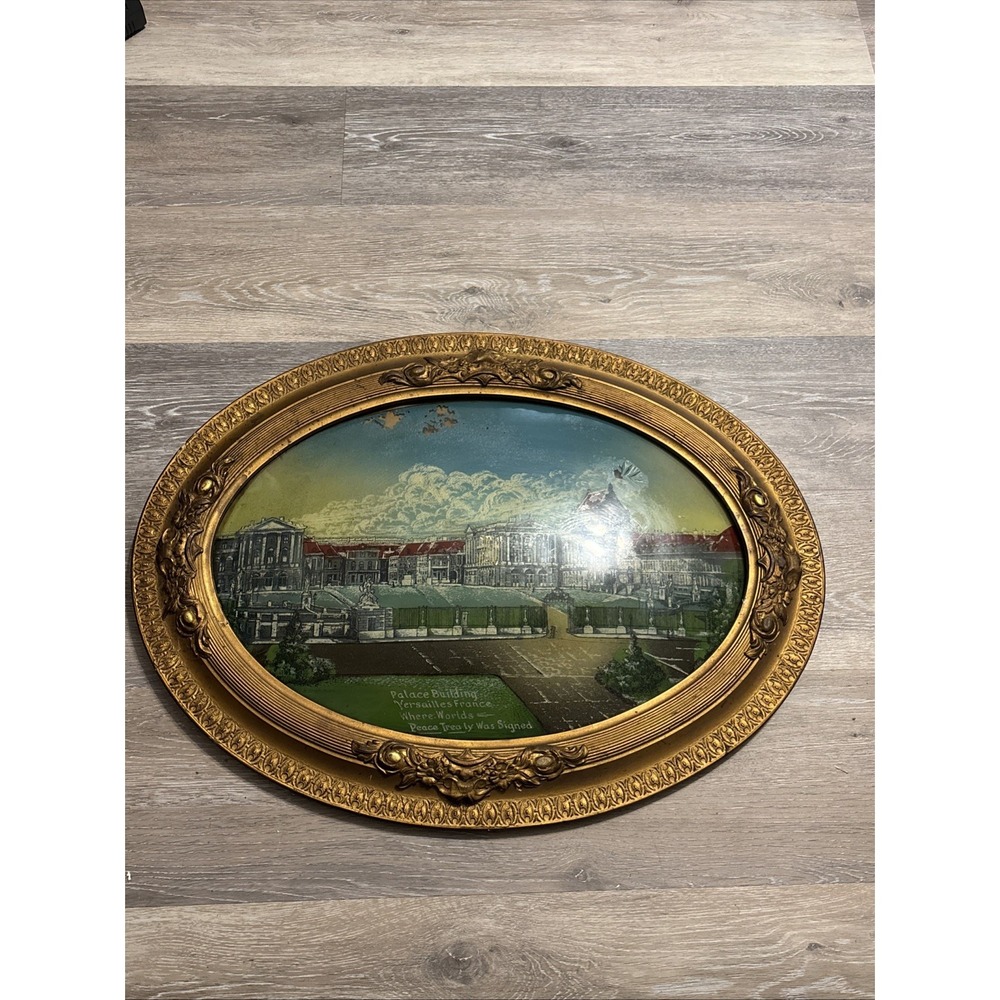 Antique Reverse Painted Bubble Glass Versailles France Gilded Oval Frame 24"